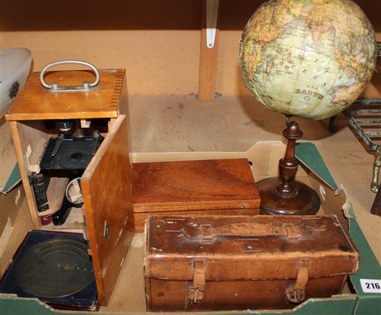 Collection of cased instruments, globe etc